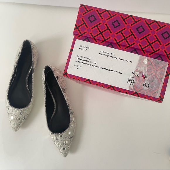 Tory Burch Yasmin Embroidered Mirror Pointed Toe Ballet Flat -New N Box- Reemoly - Picture 3 of 15
